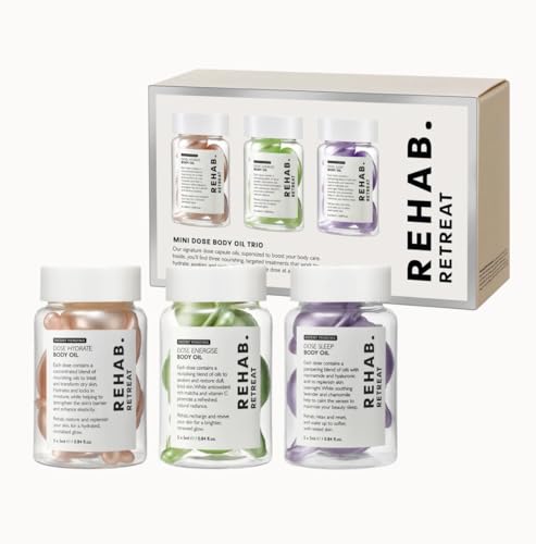 REHAB. Body Oil Mini Trio Set Hydrating Energising and Sleep Oil Collection with Grape Seed Sweet Almond Avocado Oils Lavender and Chamomile for Dry Skin