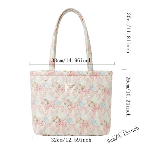 Image of Floral Quilted Cotton Shoulder Bag for Women Medium Size Handbag Large Capacity Thickened Design Tote