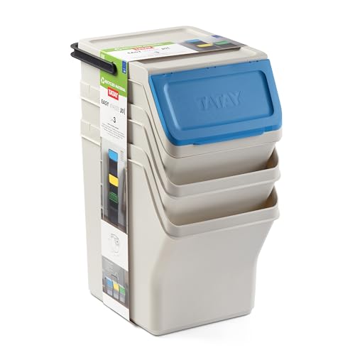 TATAY Recycling Kitchen Bin Easy Waste 20L | Set of 3 | Stackable Recycling Bins Modular Design | Click-Lid System | Integrated Carry Handle | Made from Recycled Material | 35x27x36 cm – White - Image 8