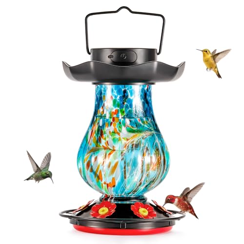 DesGully Solar Hummingbird Feeder for Outdoor - 25 fl.oz Hand Blown Glass Hummingbird Feeders for Outdoors Hanging, Large Capacity with Moat, 6 Colors Changing Light Outside Garden Decor (Blue)