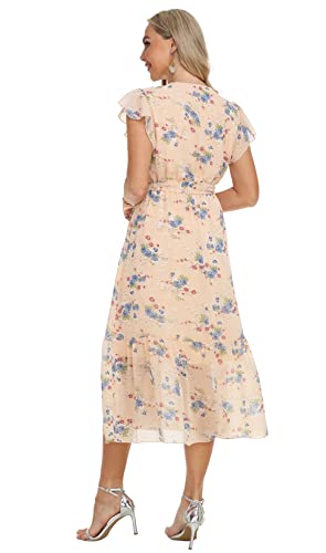 Image of VintageClothing Womens Sundress Casual Floral Summer Boho Dress | Flowy Wrap V Neck Ruffle A-Line Pleated Hem Midi Dresses