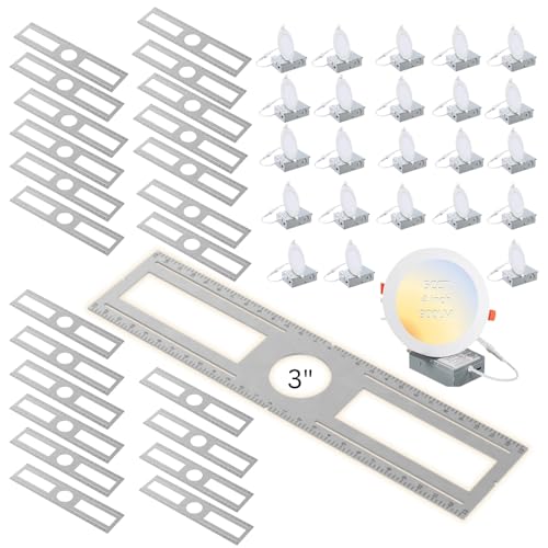 SLEEKLIGHTING New Construction Recessed Lighting Kit – 24 Mounting Plates & 24 Ultra-Thin 3-Inch 8W LED 500 lumens Retrofit Flat Panel Lights w/Junction Box, 5CCT Dimmable (2700K-5000K)