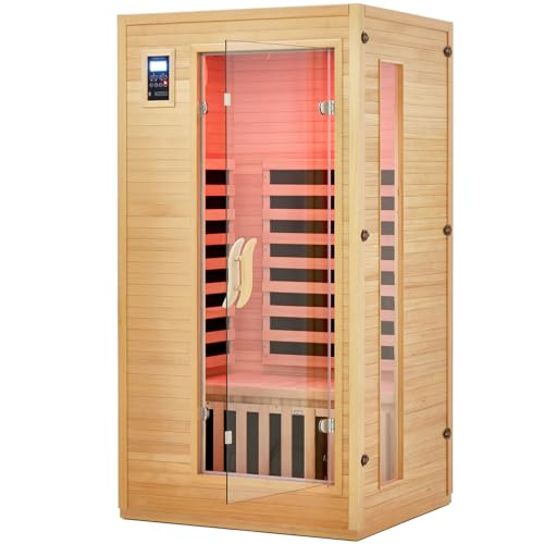 Garvee 2024 Upgrade 1 to 2 Person Sauna, 6 Heating Plate Infrared Physical Therapy Wooden Dry Steam Sauna, Low EMF, MP3 Auxiliary Connection, Dual Con