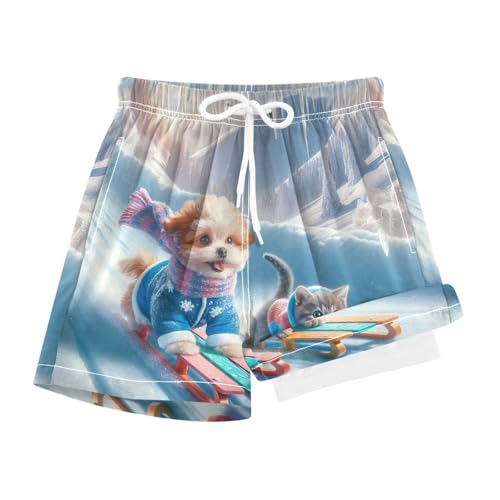 YANENDIE Boy Swim Trunks with Compression Liner Cat and Dog Skiing Boys Swim Shorts Quick Dry Beach Shorts
