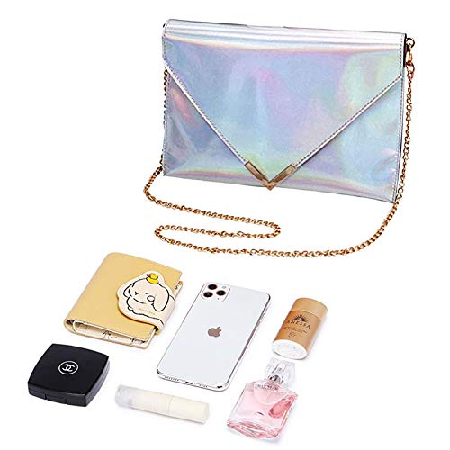 Women Colorful Holographic Evening Clutch Envelope Handbag Small Chain Cross-body Bag Shoulder Bag 167 Silver2