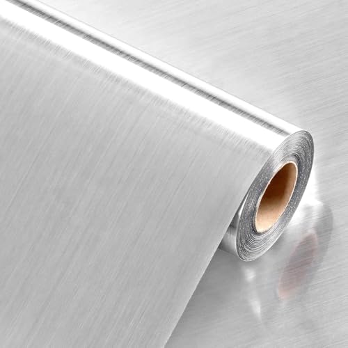 Image of HOME13 Silver Brushed Wallpaper Peel & Stick Contact Paper Self Adhesive Decorative for Kitchen Cabinet Shelf Liner Removable Wallpaper (24 inch x 200 Inches, Silver)
