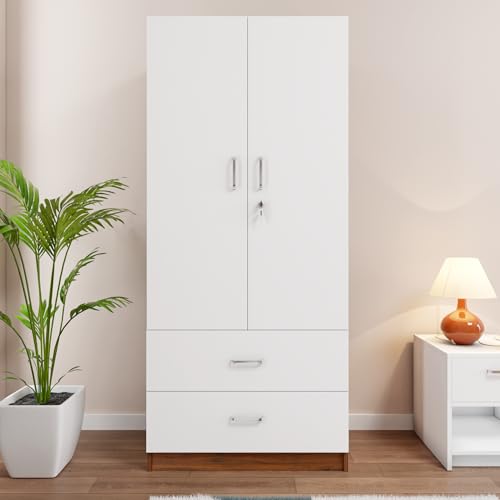 Image of VIKI Wardrobe | Tulum Wardrobe | Wooden Almirah for 2 Door Wardrobe with 2 Drawer & Hanging Space (Brussel Walnut | Frosty White - 40D x 80W x 180.8H) | 1 Year Warranty | Free Assembly