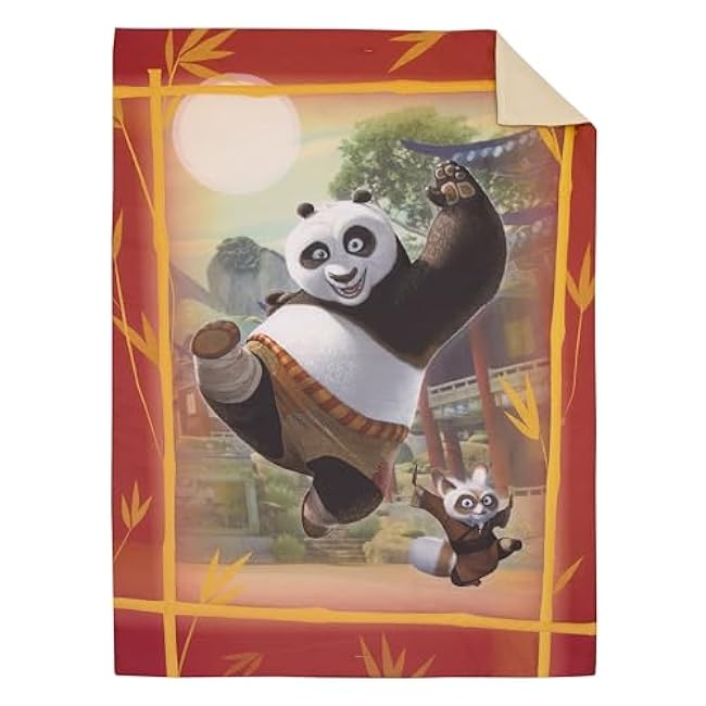 NoJo DreamWorks Kung Fu Panda Dragon Warrior Red and Gold Po and Friends 4 Piece Toddler Bed Set - Comforter, Fitted Bottom Sheet, Flat Top Sheet, and Reversible Pillowcase