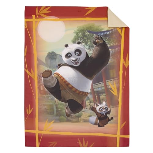 Image of DreamWorks Kung Fu Panda Dragon Warrior Red and Gold Po and Friends 4 Piece Toddler Bed Set - Comforter, Fitted Bottom Sheet, Flat Top Sheet, and Reversible Pillowcase