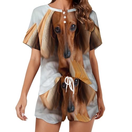 Ensemble de pyjama femme manches courtes imprimé chien lisant : idée cadeau d'été