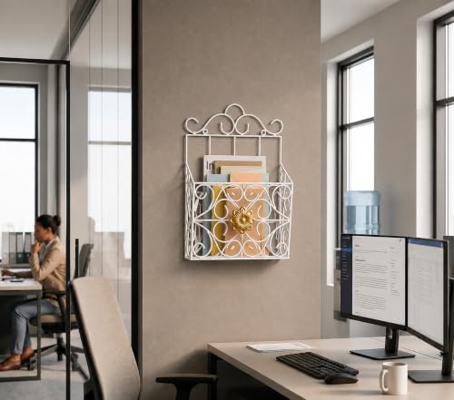 Image of Woodiva Wrought Iron Modern Elegance Magazine Newspaper & Book Wall Rack for Home & Office, 38x28x11cm. (White)