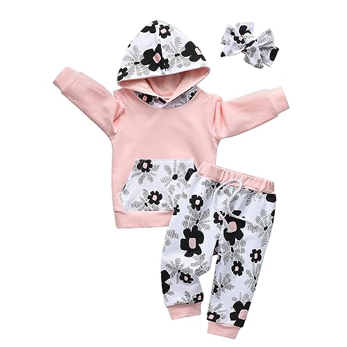 Image of Eghunooy Baby Girl Clothes Long Sleeve Floral Hoodie Sweatshirt Pants with Pocket Headband Outfit Sets