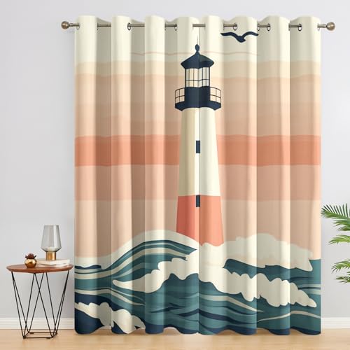 Ocean Wave Lighthouse Curtains Blackout, 46x54 Inch 2 Panels - Sunset Seagull Coastal Pattern Black Out Curtains, Home Decor, 54 Drop Eyelet Window Drapes for Bedroom, Living Room QO&112