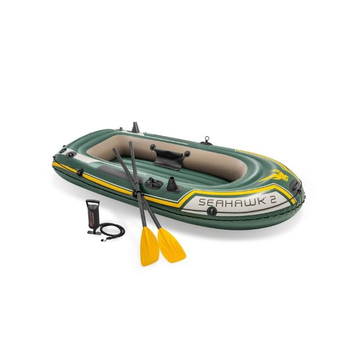 Seahawk 2-Person Inflatable Boat Set, Heavy-Duty, Puncture Resistant PVC for Fishing, Lake and River Adventures, Includes High-Output Pump, 48” Oars, Fishing Rod Holders, 520 lb Capacity