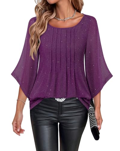 Youtalia Dressy Tops for Women Formal Elegant Blouses 3/4 Sleeve Sparkly Cocktail Party Evening Shirts2