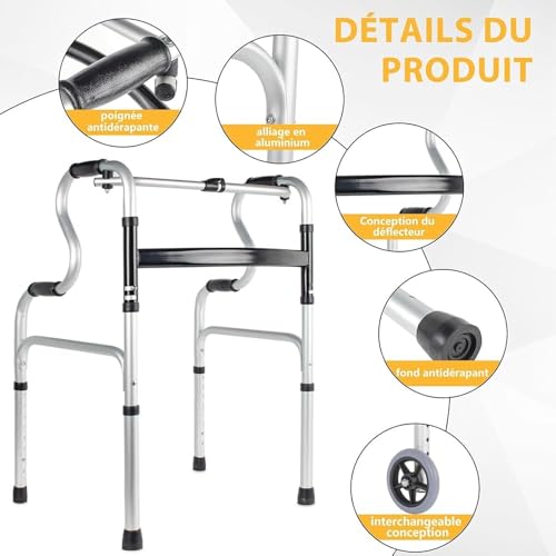 Andador andador con asiento plegable – Ayuda de movilidad de altura ajustable para personas mayores, marco de aluminio ligero, estabilidad mejorada para mayor seguridad y comodidad