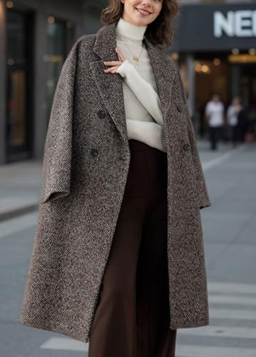 chouyatou Women's Winter Herringbone Stripe Long Wool Coat Double Breasted Dressy Casual Trench Coat Overcoat3
