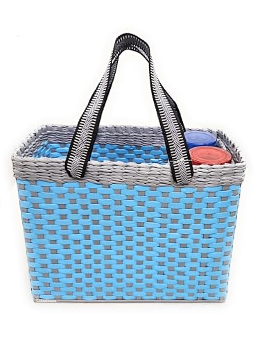 Image of Paperus, Sky Blue & Grey, Large, Lunch Bag with 2 Water Bottle Holders, Picnic Basket, Travel Bag, Eco-Friendly, Handmade, of Paper Ropes, Length 14 inch, Height 11 inch & 7 Inch Broad Base