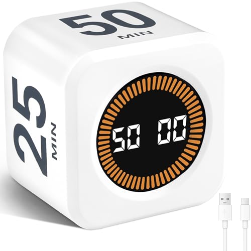 Cuteefun Cubo Temporizador Visual, Pomodoro Timer Rotativo, 5/10/30/60 Minutos y Cuenta Atrás Personalizada, Modo Silencio y Timbre, Alerta Sonora Ajustable para Cocina, Estudio, Reunión, Blanco