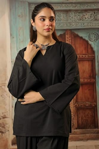 Image of REAM Women's Cotton Sleeveless Kurti and Farshi Salwar Set, Black, Ethnic Wear, Casual and Festive