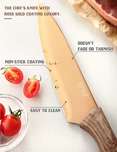 EUNA 8 Inch Chefs Knife UltraSharp, Kitchen knife for Culinary, Cooking Knife with Sheath and Gift Box, Wooden Texture Ergonomic Handle, Rose Red
