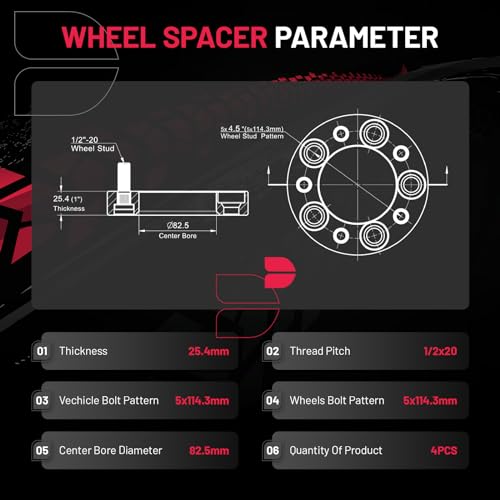 Image of BDFHYK 5x114.3 mm Wheel Spacers 1 inch, Compatible with Jeep Cherokee Explorer Edge Fairlane Falcon Lincoln Mercury Cougar with 1 /2 x20 Studs & 82.5mm Hub Bore, Set of 4, Not Hubcentric