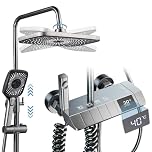 Thermostatic Mixer Shower System, 4 Piano Keys Wall Mount Exposed Shower System with Digital Temperature Display, Square Rainfall Shower Head, Handheld Faucet, Bidet Spray, Tub Spout Kit (Gun Grey)