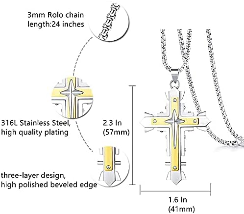 Stainless Steel Large Jesus Christ Cross Pendant Necklace Religious Jewelry For Men,On 24 In Rolo/Byzantine Chain,Silver/Gold/Black - Image 3