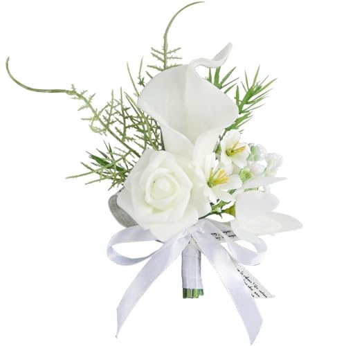 White Boutonniere for Men Wedding, Artificial Calla Lily Groom Groomsmen Boutonniere Handmade Corsage Flower for Wedding Ceremony Anniversary Formal Dinner Party Prom, A