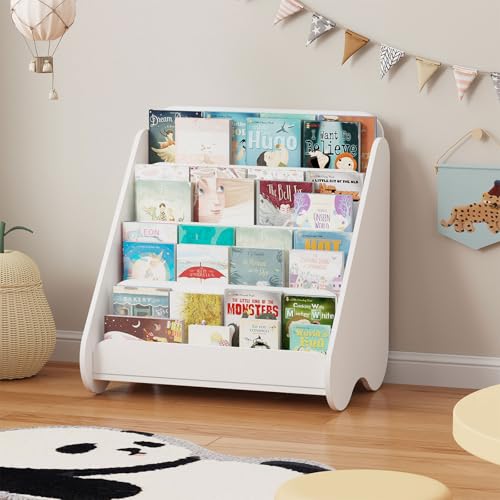 Image of Lkeiyay Kids Bookshelf - 4-Tier White Wooden Book Storage Organizer for Toddlers, Space-Saving Children's Book Rack for Kids Room /Nursery, Easy-Access Picture Book Display Shelf