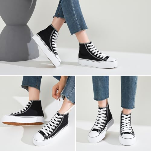 Image of FRACORA Womens High Top Canvas Shoes White Black Platform Sneakers Lace Up Shoes for Women