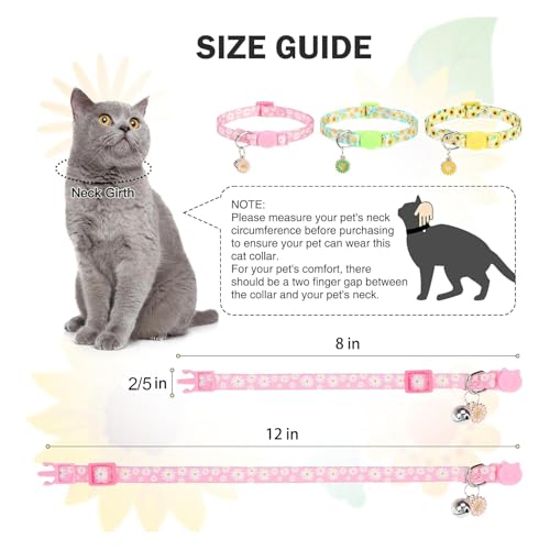 Image of 3 Pack Breakaway Cat Collars with Bell- Daisy Pendant Spring Cat Collar for Girl Boy Cats with Safety Buckle- Cute Kitten Collar Adjustable 8 inch-12 inch for Kitty Puppy Small Pets