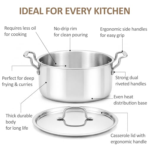 Image of SOLARA Triply Stainless Steel Deep Kadai with SS Lid, 24 cm | Heavy Bottom Tri Ply Cooking Pot for Boiling, Curry, Soup & Stew | Induction & Gas Compatible Stainless Steel Cookware