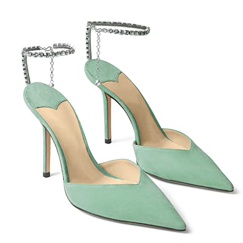 Image of LauraVicci Women's Heeled Sandals Crystal Chain Ankle Straps Rhinestones Buckle High Heels Stiletto Slip On Wedding Party Satin Dress Shoes