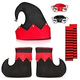 Hooqict 7Pcs Christmas Elf Costume Accessories Elf Hat Shoes Socks Wristbands Christmas Santa's Helper Costume for Women Men Adults Xmas Festive Outfit Holiday Dress Accessory