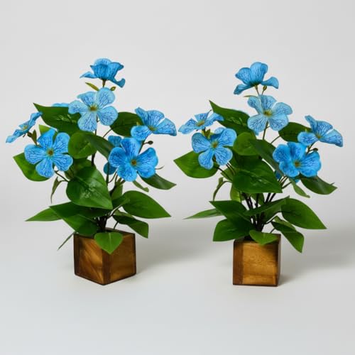Image of fancymart Artificial Flower Plant Set of 2 with Wooden Pot - 23 cm Height | Real-Touch Faux Floral Decor for Home, Office, Living Room, Bedroom, Desk & Gift Purpose