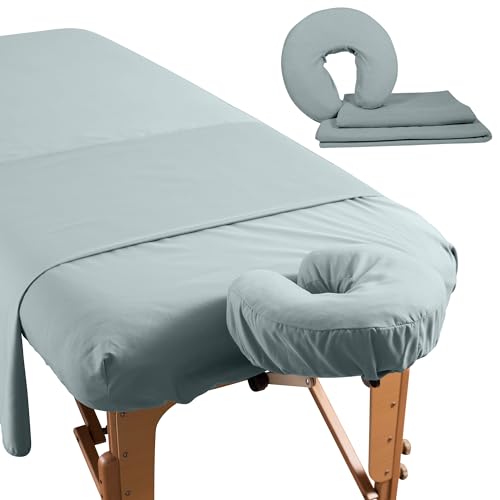 Premium Microfiber 3 Piece Massage Sheet Set by NRG - Includes Massage Table Flat Sheet, Fitted Sheet and Face Rest Cover - 100% Double Brushed Polyester, Soft as Silk - 120 GSM - Color: Ocean