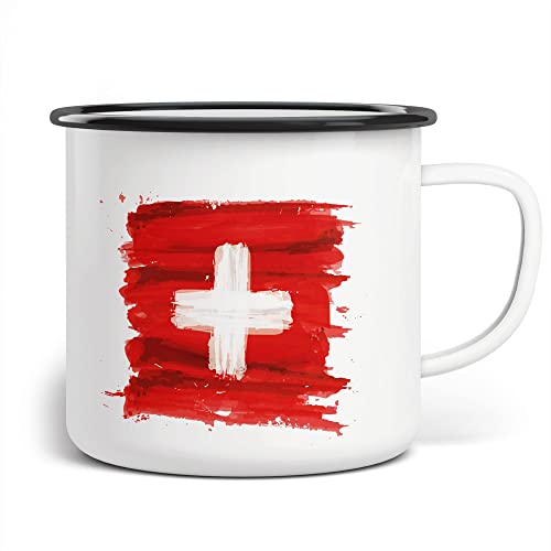 FunTasstic Emaille Tasse Camping Schweiz Flagge | Becher | Travel Mug | Van Camper, Farbe:weissschwarz, Größe:300ml
