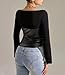 Women Black Pu Leather Splicing Tank Top Ruched Y2k Wrap Shirt Vintage Long Trumpet Sleeve Asymmetrical Tees Blouse