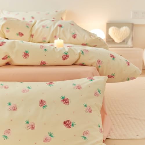 Image of Nayoroom Strawberry Duvet Cover Set Full Size Girls Cute Pink Strawberries Kawaii Comforter Cover 2 Pieces Soft Lightweight Microfiber Cream White Bedding with Zipper Closure