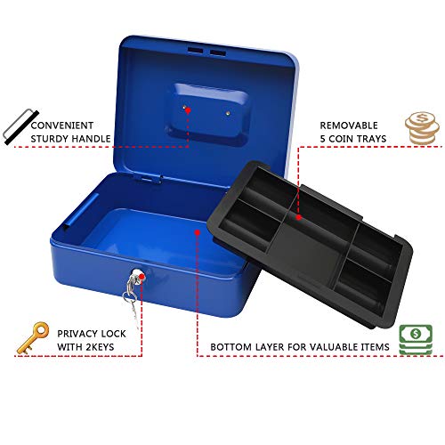 Image of KYODOLED Large Lock Box with Money Tray,Storage Cash Box with Lock,Safe Metal Box for Money,9.84 inchx 7.87 inchx 3.54 inch Blue Large