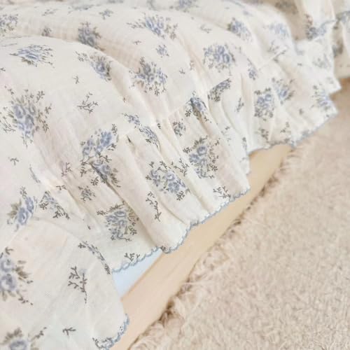 Image of BuLuTu Cottage Chic Ruffled Duvet Cover Full, Blue Floral Quilt Cover 79 inchx90 inch, 1 PC, Soft Muslin Cotton Comforter Cover Farmhouse Bedding Duvet Cover, No Comforter Insert /Pillowcase
