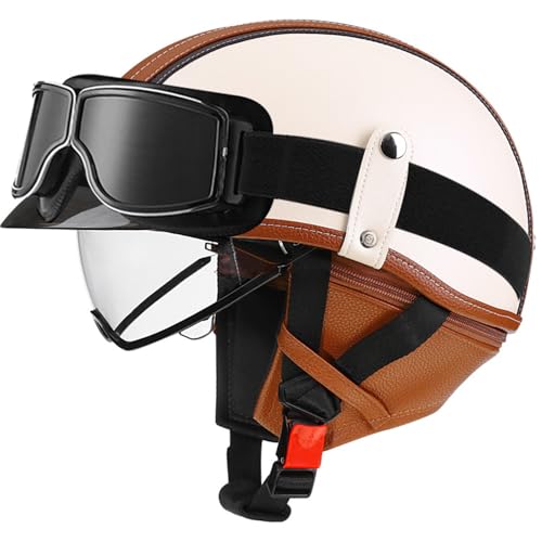 VVPEC Casque De Moto Vintage Cuir Retro Casque Jet Casques Bols Demi Casque De Mobylette Cuir avec Lunettes Homologué ECEDOT Casque Scooter pour Adultes Homme...