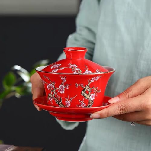 Image of 10oz Large Gaiwan, Ceramic Teacup -Embossed Plum Patterns (Red)
