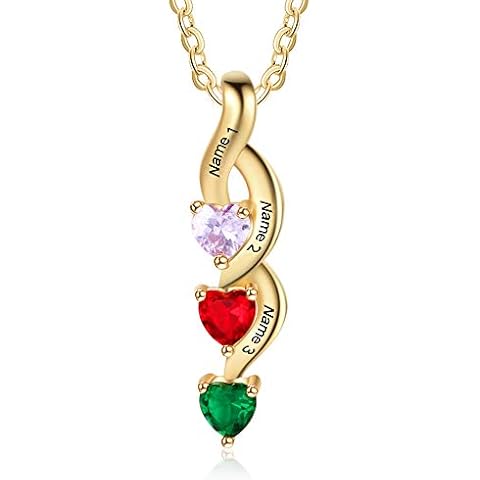 Tian Zhi Jiao Personalized 3 Names Simulated Birthstone Necklace for Mothers Custom Heart Drop Pendant Engraved Name Necklace for Women (Gold) Cover