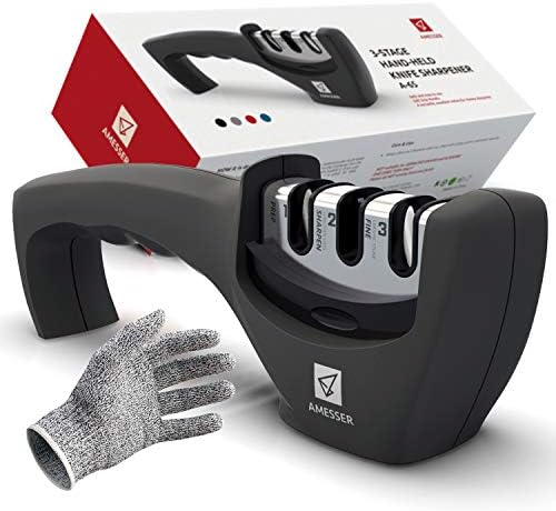 Kitchen Knife Sharpener - 3 Stage Knife Sharpening Tool Sharpens Chef's Knives - Kitchen Accessories Help Repair, Restore and Polish Blades Quickly, Food Safety Cut Resistant Glove Included, Black