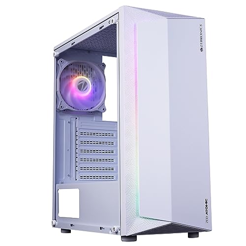 Image of ZEBRONICS Atomic Mid-Tower Premium Gaming Cabinet, ATX /M-ATX /M-ITX, 1 x 120 mm RGB Inner Glow Rear Fan, LED Strip with Control Switch, Tempered Glass Side Panel, USB 3.0, USB 2.0 (White)