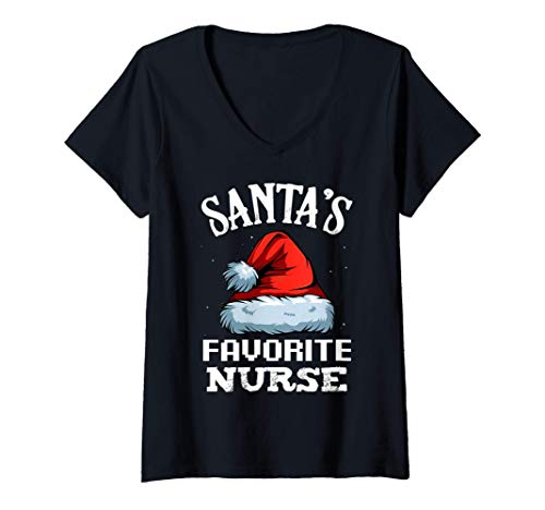 Mujer Santa's Favorite Nurse Funny Christmas Gift Idea For Nursing Camiseta Cuello V