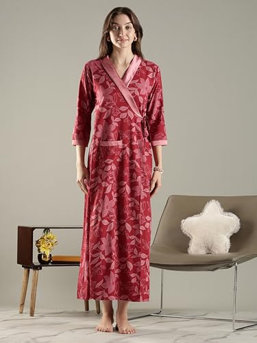 Image of 9shines Label Stylish Cotton Nighty Robe for Women | Front Open Floral Housecoat | Wrap Nighty with Pocket | Adjustable Waist Tie | Plus Size housecoat (HC-2026)