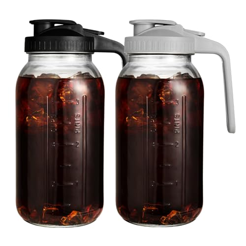 Image of 2 Pack 64 oz Glass Pitcher with Lid for Fridge, Half Gallon Pitcher with Lid, Leak Proof, Wide Mouth, 1/2 Gallon Glass Juice Jug for Ice Tea and Coffee (Black+Gray)